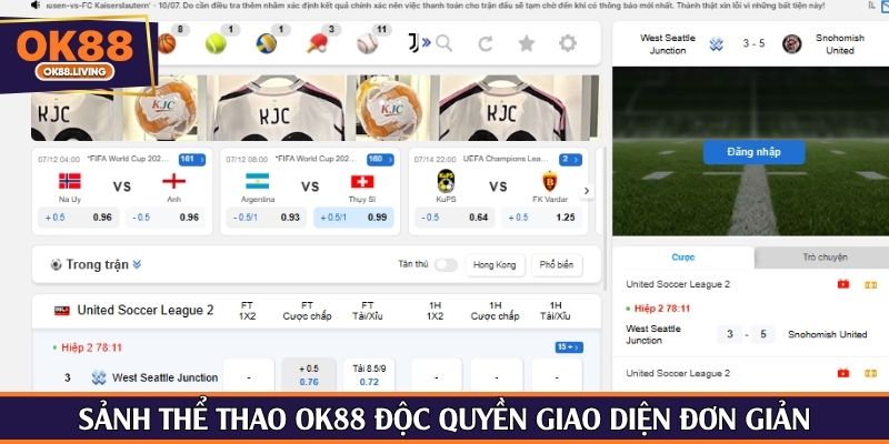 Sảnh thể thao OK88 độc quyền giao diện đơn giản